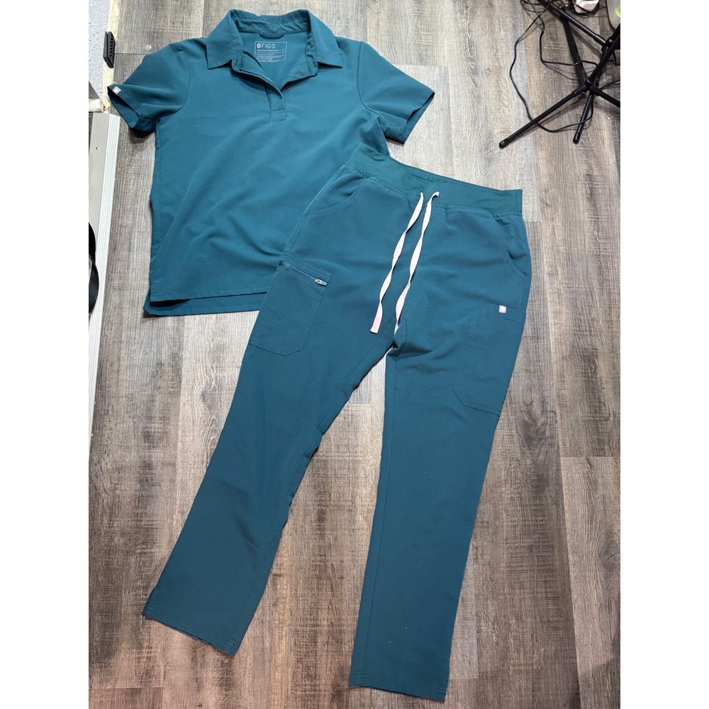 FIGS Technical Collection Scrub Set Teal Polo Top Cargo Pants Small